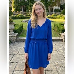 WHITE HOUSE BLACK MARKET  BLUE TIE NECK LONG SLIT SLEEVE BLOUSON BOHO DRESS SZ 6